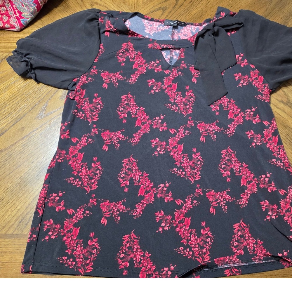 Atelier 29 Womens XL Black Red Floral Top Sheer Puff Sleeve Bow Keyhole Neck